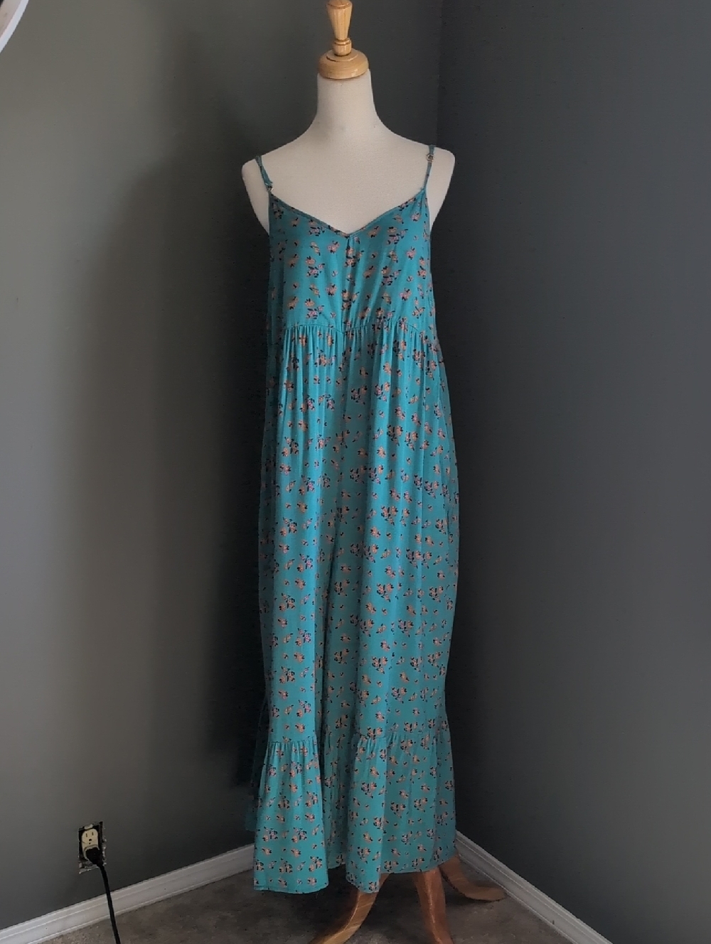 NATURAL LIFE Teal Floral Jumpsuit with Ruffle Hem Large